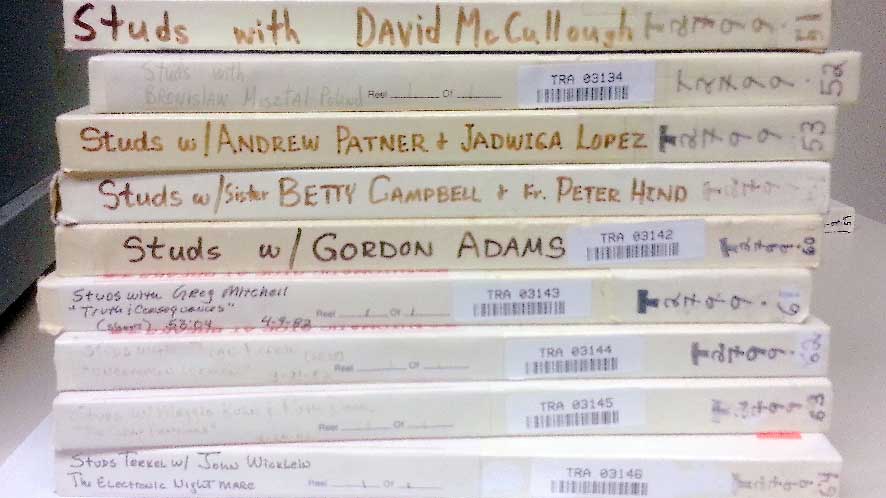 A stack of tapes from Studs Terkel's show at WFMT sit at the Library of Congress' Packard Campus of the National Audio-Visual Conservation Center in Culpeper, Va.  Photo by  Allison Schein Holmes