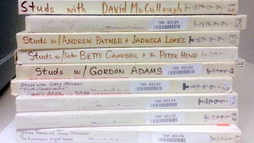 A stack of tapes from Studs Terkel's show at WFMT sit at the Library of Congress' Packard Campus of the National Audio-Visual Conservation Center in Culpeper, Va. Photo by Allison Schein Holmes